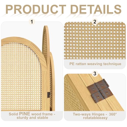 3-Panel Hand-Woven Rattan Room Divider, Tall Foldable Privacy Screen