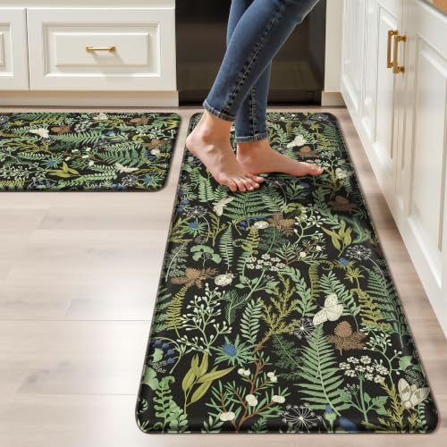 2-Piece Botanical Anti-Fatigue Kitchen Mat Set, Waterproof PVC Standing Rugs