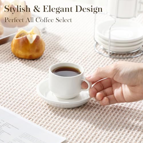 MALACASA Porcelain Espresso Cups Set of 4 - 2.5 Oz White Cappuccino Cups with Saucers & Metal Stand
