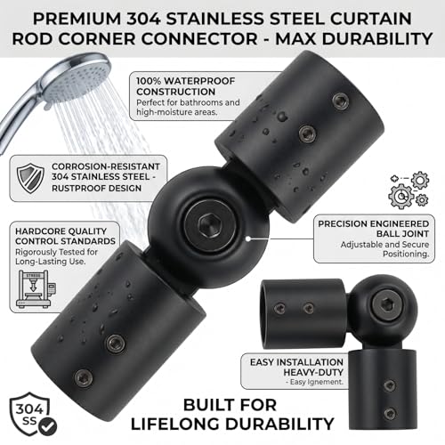 Adjustable Corner Curtain Rod Connector for 1-Inch Rods, 2-Pack Black