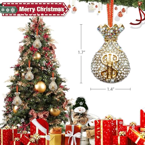 HEINSHEN Mini Money Bag Christmas Ornament with Rhinestones, Metal Holiday Decor