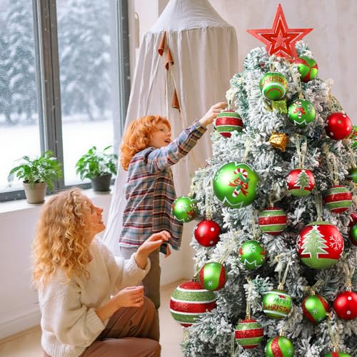 Lanpn 6Pcs 6" Extra Large Outdoor Christmas Ornaments – Red & Green Glitter Ball Decorations