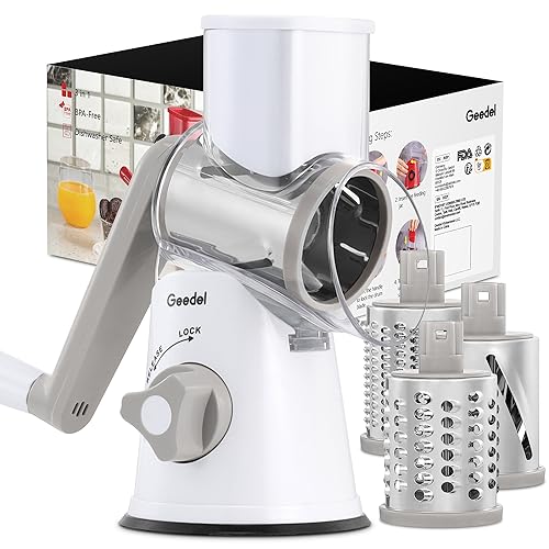 Rotary Cheese Grater Hand Crank Vegetable Slicer with 3 Stainless Steel Blades