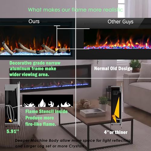 60 Inch Electric Fireplace Recessed Wall Mounted Heater with Thermostat