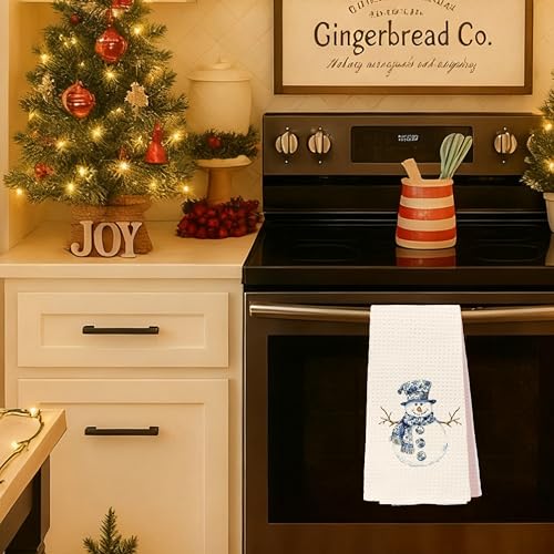 Blue & White Snowman Chinoiserie Hand Towels (Blue & White Snowman, 16x24) — Grandmillennial Kitchen & Bath D_Towel