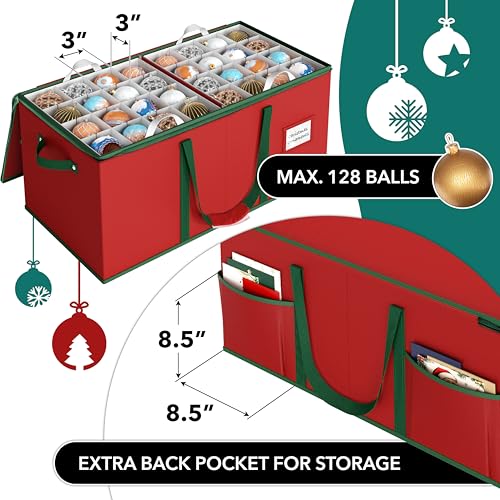 Christmas Ornament Storage Box with Adjustable Dividers and 128 Capacity