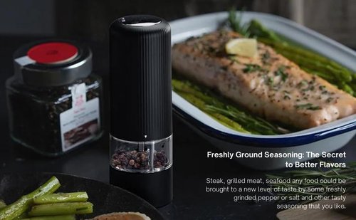 PrepSealer Electric Salt and Pepper Grinder Set, Battery Operated, Led Light, One Handed Operation, Ceramic Adjustable Coarseness (Black and White)
