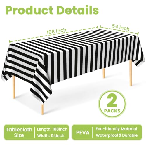 Mulbozy Black & White Stripe Tablecloth 54x108 in, 2 Pack – Disposable Plastic Table Cover