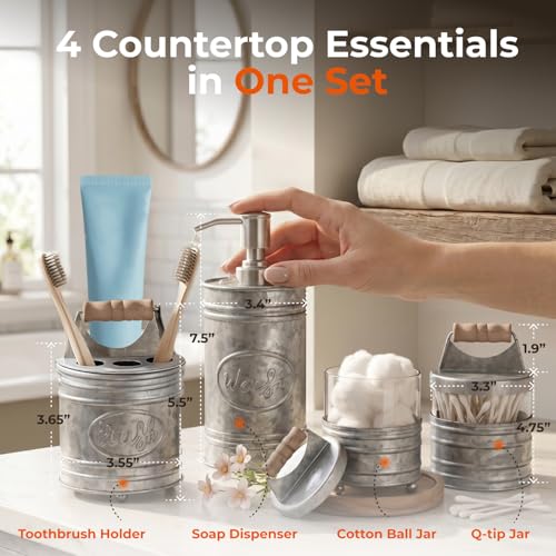 4-Piece Rustic Farmhouse Bathroom Accessory Set, Galvanized Metal & Glass