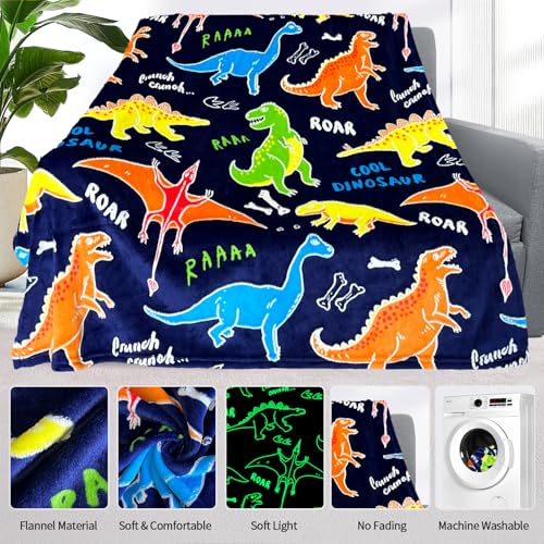 Glow in the Dark Dinosaur Throw Blanket for Kids, Soft Fleece 40x50 Inch