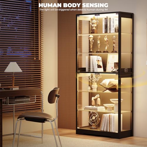 71" Tall Glass Display Cabinet with 3-Color LED Lights & Motion Sensor