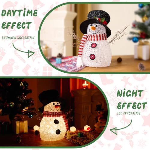 ELAMAS Snowman Christmas Decor with Top Hat, 7 LED Color-Changing Lights, 13.7in Acrylic Tabletop Holiday Figurine