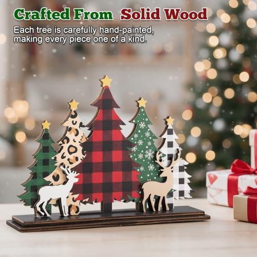 GJNGKSIM Wooden Christmas Tree & Reindeer Sign - Indoor Holiday Decor for Mantel or Shelf