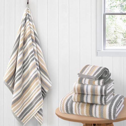 6-Piece Striped Cotton Towel Set with Hanging Loops, Gray and Beige