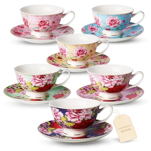 Multicolor Floral Tea Cups & Saucers Set of 6 - 8 oz Brew To A Tea