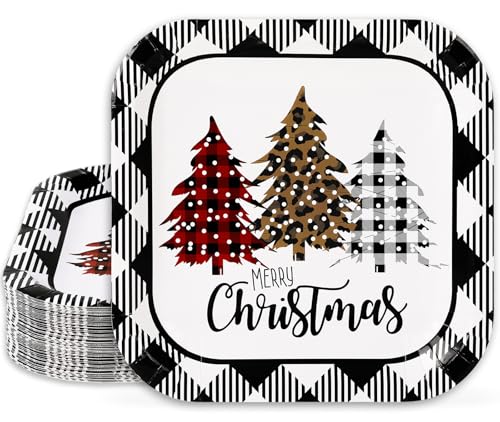 Whaline Christmas Plaid Tree Square Paper Plates 9 Inch - Holiday Party Supplies