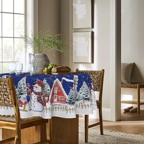Blue Christmas Tablecloth 70 x 70 Inch Round Snowman House Holiday Decor