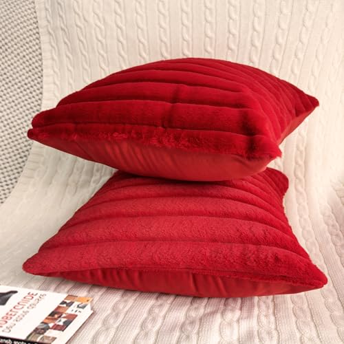 Faux Fur Velvet Throw Pillow Covers 18x18 - Set of 2 Soft Red Cushion Cases