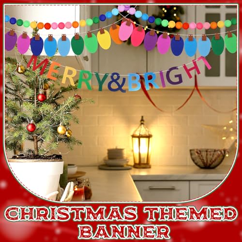Christmas Felt Garland Set with Pom Poms, Light Bulb Banners & Merry Sign
