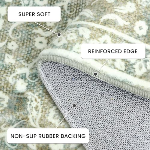 Washable Vintage Floral Runner Rug 2x6 Non-Slip Sage Green Beige