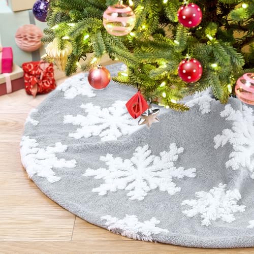36-Inch Grey Faux Fur Christmas Tree Skirt with White Snowflakes