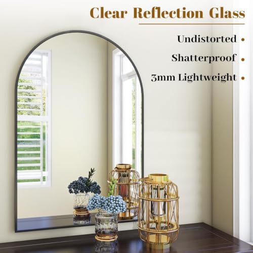 24x36 Inch Arched Wall Mirror, Black Metal Frame Vanity Mirror