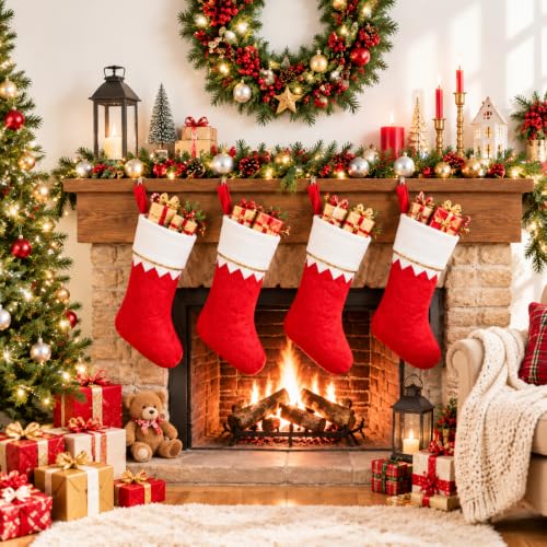 Christmas Stockings Bulk 24 Pack, 15-Inch Red Felt Santa Stockings for Fireplace