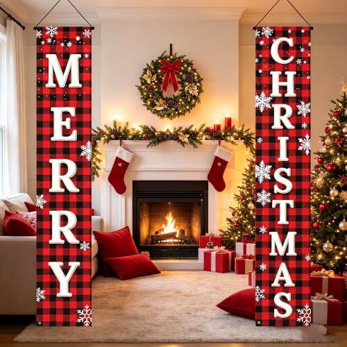 ChunRun Red Buffalo Plaid Christmas Porch Banner Set (2) 71" x 12" - Merry Christmas Outdoor Decor, Front Door & Yard