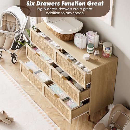 6-Drawer Wood Dresser with Natural Rattan Doors, Large Bedroom Chest