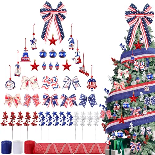 Patriotic Tree Decorations Set - 43 Pieces with Bow Style for 4th of July & Independence Day