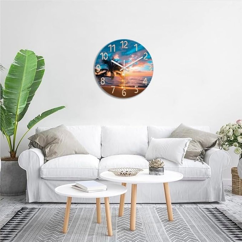 XFM Beach Wall Clocks Battery Operated 16 Inch Palm Tree Wall Clocks for Living Room Bedroom Big Round Glass Silent Wall Clock Non Ticking Sunset Tropical Seashore Clock