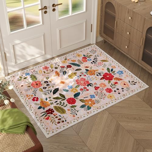 Boho Floral Washable Area Rug, 2x3 Non-Slip Low Pile Entryway Throw Mat