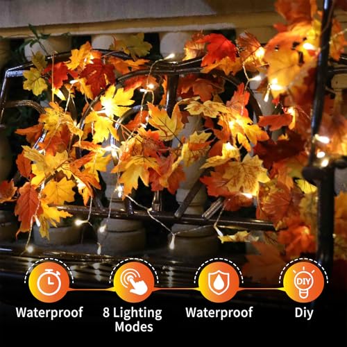 Artificial Fall Maple Leaf Garland with 40 LED String Lights, 2 Pack