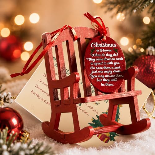 HOUYAN Red Christmas Memorial Wooden Rocking Chair Ornament with Tag & Card