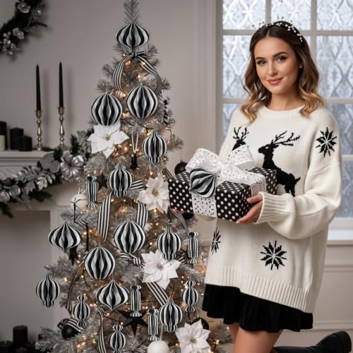 Kasyat 24 Black & White Honeycomb Christmas Ornaments, 110 GSM Paper Decoration Set