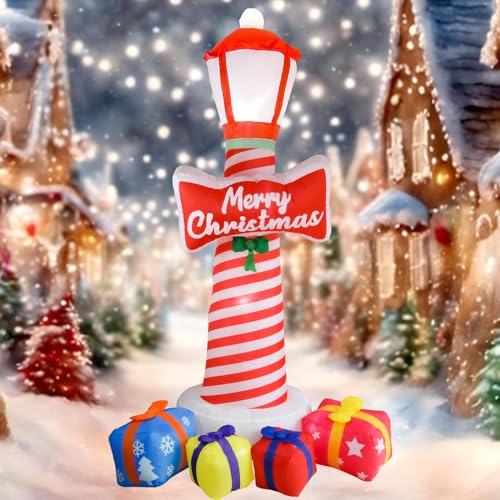 8FT Christmas Inflatable Lighthouse with LED Lights and Gift Boxes for Holiday Yard Decor