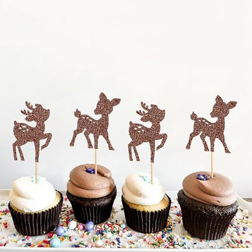 Variation2: 24Pcs Glitter Brown Fawn Deer Cupcake Toppers Picks