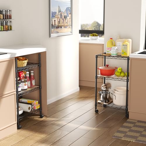 3-Tier Metal Wire Shelving Unit with Wheels and Adjustable Shelves Black