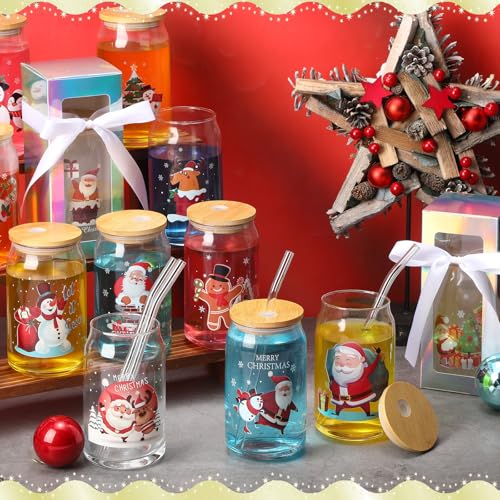Christmas Glass Cups Set - 12 Pcs 16 oz Tumbler with Santa Gift & Accessories
