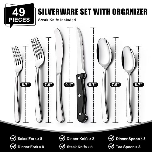 49-Piece Stainless Steel Flatware Set for 8 with Drawer Organizer