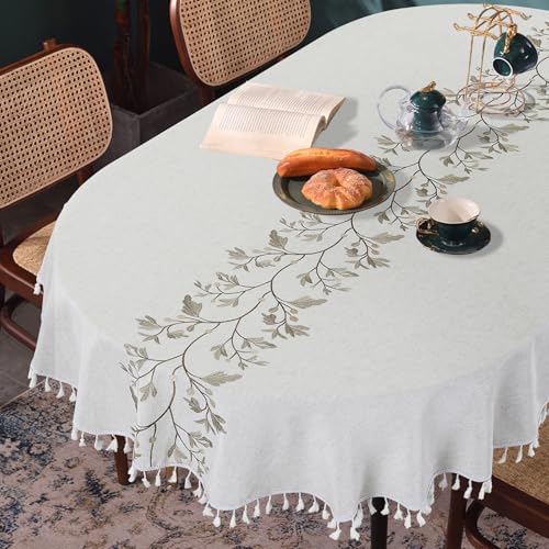 HOMBYS 102x60 Inch Oval Embroidered Tablecloth with Tassels - Natural, Wrinkle-Resistant Dust-Proof Cover for Kitchen & Dining