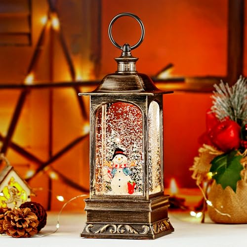 Musical Lighted Christmas Snow Globe Lantern with Timer & Snowman