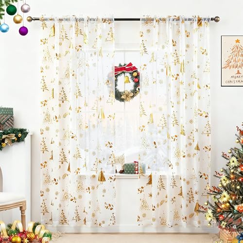 Karseteli Christmas Tree Gold Foil Curtains 2 Panels 52W x 63L White (Pack of 2) Rod Pocket