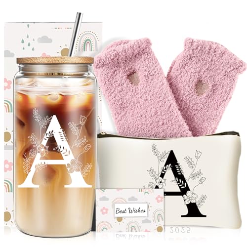 Personalized Monogram Glass Cup Gift Set with Lids, Straws & Floral Pattern - Gift Box Included
