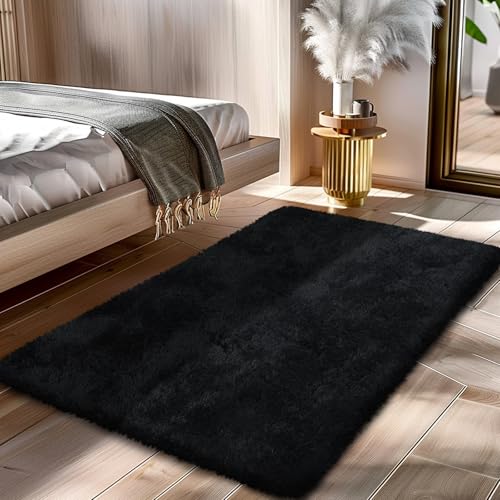 Black 2x4 Fluffy Shag Area Rug - Ultra Soft Non-Slip Bedroom & Living Room Carpet
