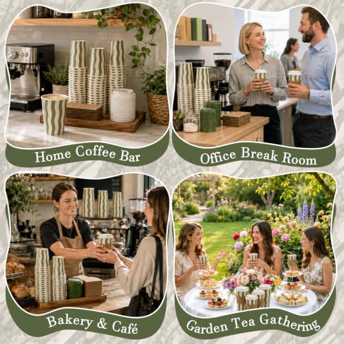 Newtay 16 oz Sage Green Striped Paper Cups with Lids & Sleeves – 60 Pack