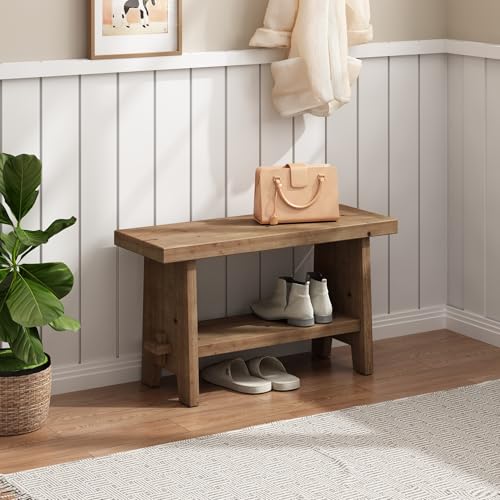 31.5-inch Farmhouse Entryway Bench, Rustic Solid Wood Narrow Hallway Seat