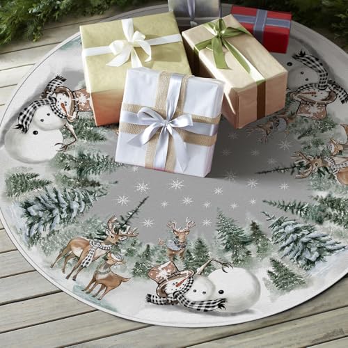 36-Inch Christmas Tree Skirt with Snowman & Reindeer Pattern, Rope Ties