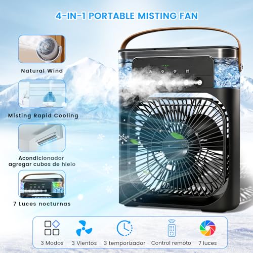 Portable Mini Evaporative Air Cooler with 5 Spray Nozzles and LED Light