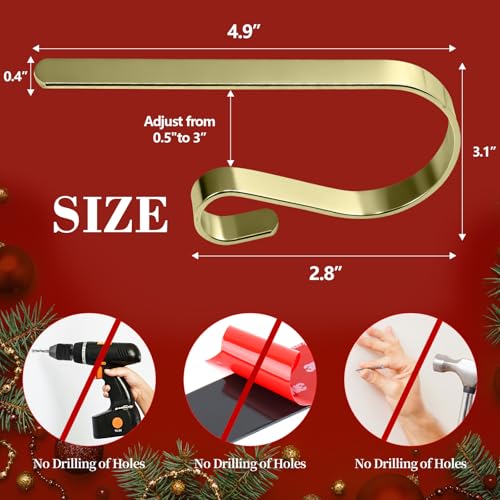 ANOEPUY 6 Pack Gold Stocking Hangers for Mantle - Adjustable, No-Drill Christmas Garland Clips